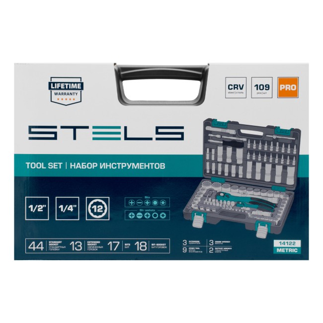 Набор инструментов 1/2", 1/4", CrV 109 предмета Stels Набор инструментов 1/2", 1/4", CrV 109 предмета Stels