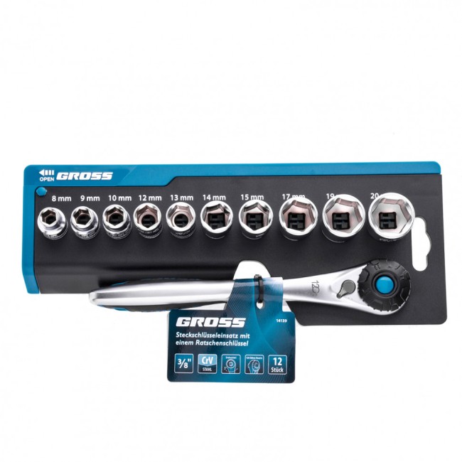 Набор торцевых головок 3/8", CrV 12 предметов Gross Набор торцевых головок 3/8", CrV 12 предметов Gross
