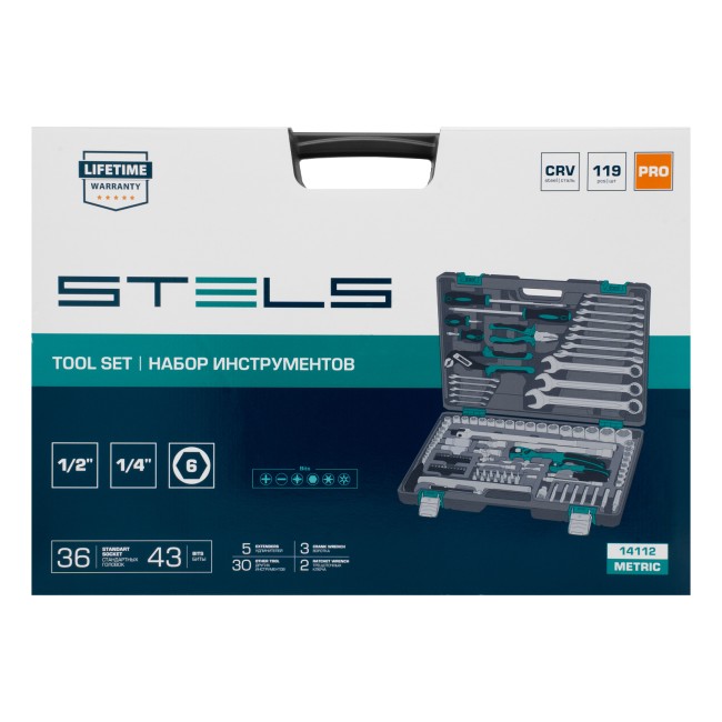 Набор инструментов 1/4", 1/2" Cr-V 119 предметов Stels Набор инструментов 1/4", 1/2" Cr-V 119 предметов Stels