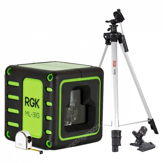 Комплект: лазерный уровень RGK ML-31G + штатив RGK F170, кронштейн RGK K-5, рулетка RGK RM3 Комплект: лазерный уровень RGK ML-31G + штатив RGK F170, кронштейн RGK K-5, рулетка RGK RM3