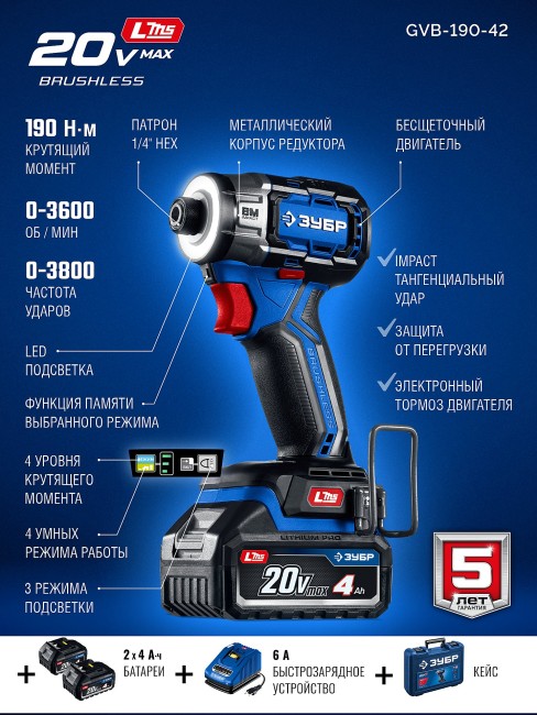 Ударный винтоверт ПРОФЕССИОНАЛ GVB-190-42 ЗУБР 20 В, 190 Н·м, 2 АКБ LMS (4 А·ч)